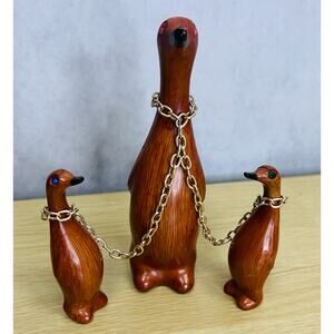 Vintage Wood Duck Trio Linked with Chain Rhinestone Eyes Made in Hong Kong